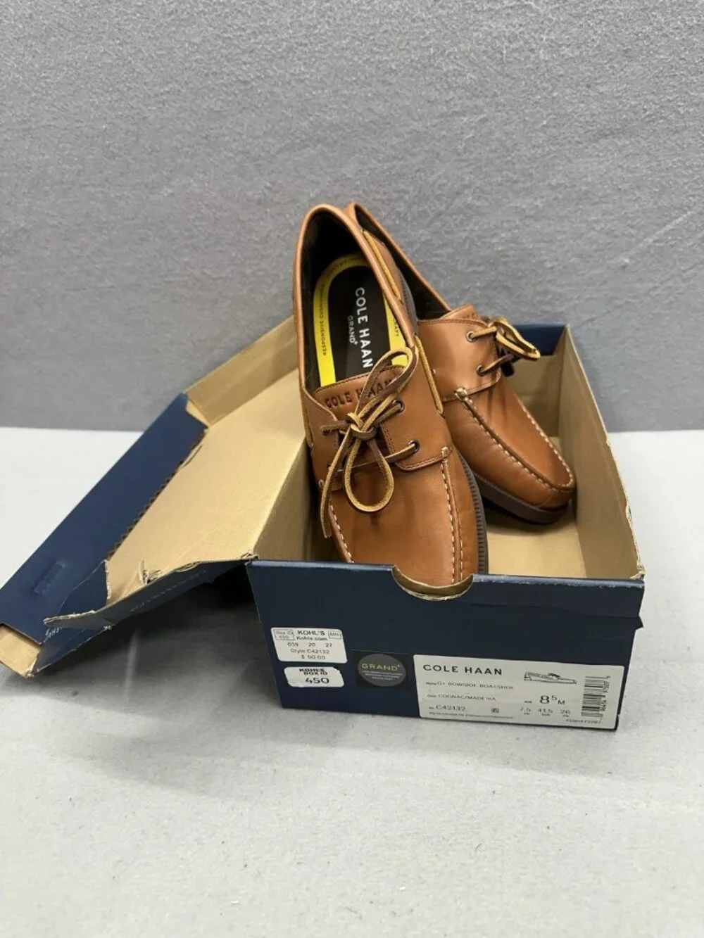 Cole Haan Grand+ Bowside Men 8.5 Boat Shoes Cognac Brown Leather Loafers C42132
